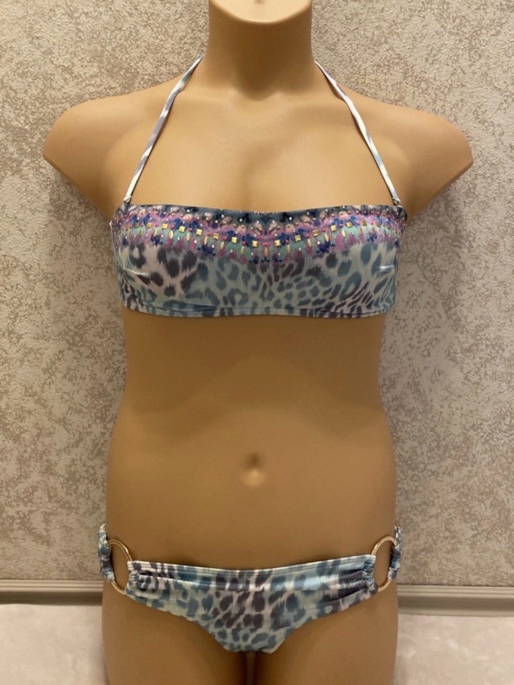 Victoria's Secret Blue & Leopard Bikini with Beaded Rhinestone Trim